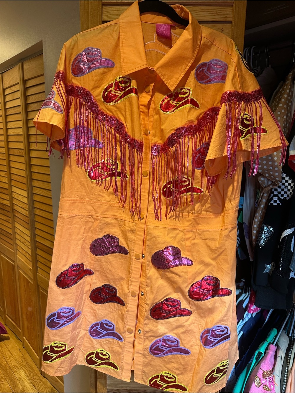 Orange Embroidered Fringe Western Shirt Dress - Women's Statement Shirt